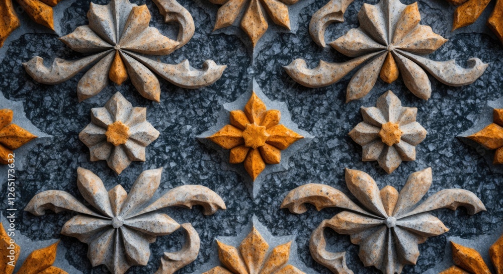 Poster ornamental stone relief pattern with floral designs in gray and orange hues suitable for text overla