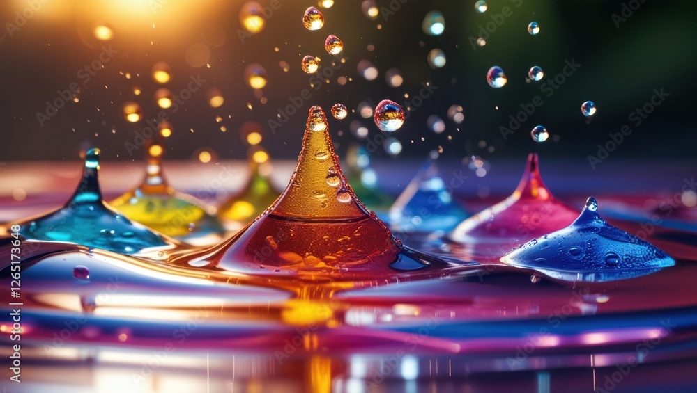 Poster colorful water droplets splashing in a reflective surface with blurred background copy space