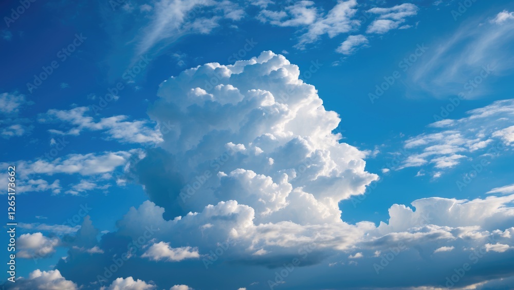 Poster fluffy white clouds in a bright blue sky during the daytime with high visibility and copy space for 
