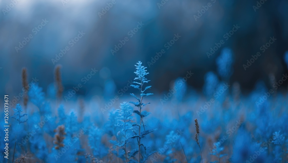 Poster blue field of wildflowers with a focus on a single plant in the foreground and soft blurred backgrou