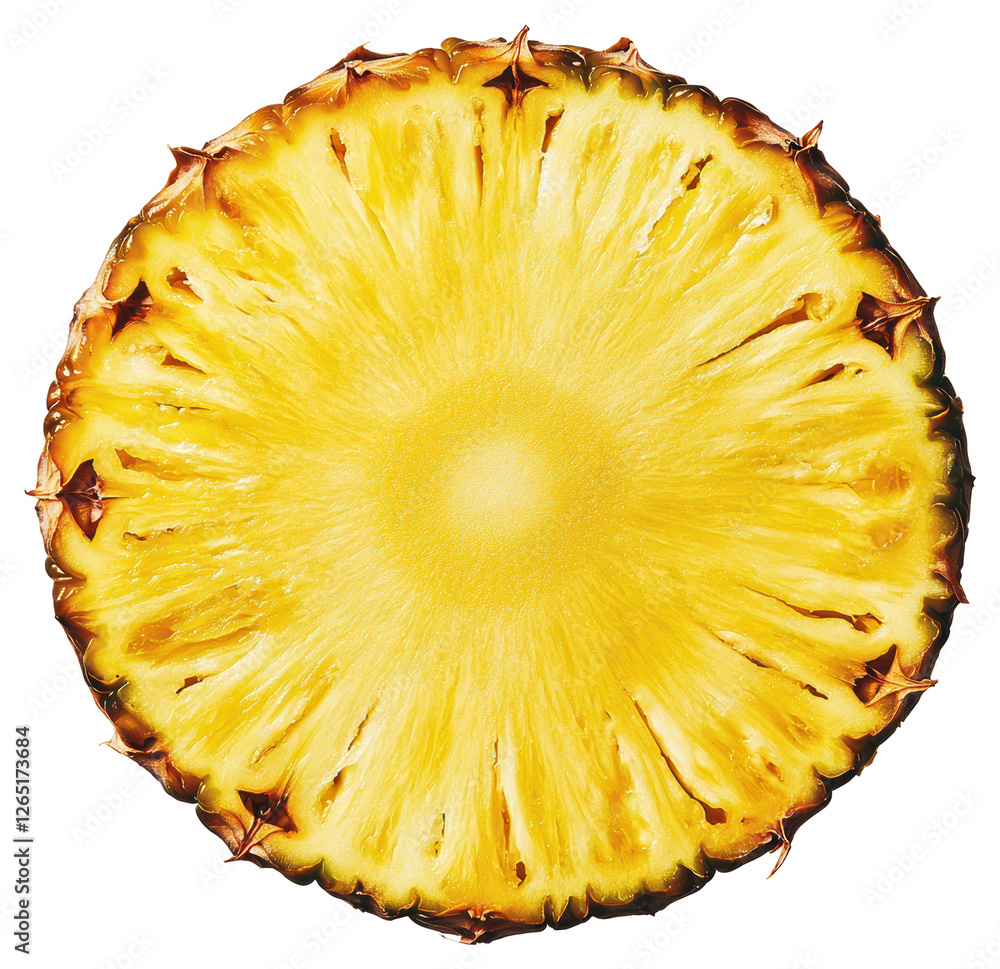 Poster close up of pineapple slice showing texture and patterns on transparent background