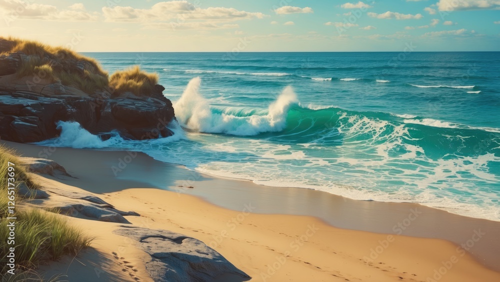 Poster coastal scene with waves crashing on sandy beach and rocky formations under clear sky at sunset with