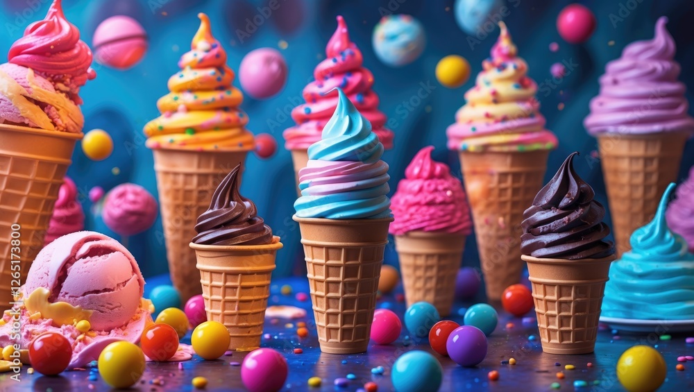 Poster colorful assortment of ice cream cones with sprinkles and candy on a vibrant background with copy sp