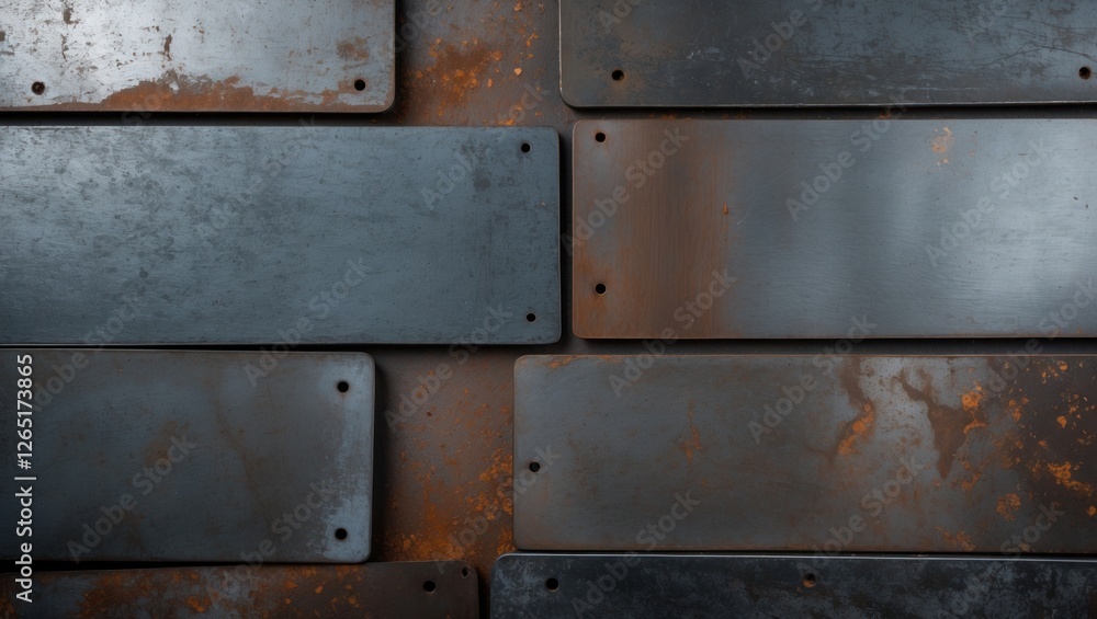Aufkleber Rusty metal plates texture with dark gray and brown colors arranged in a mosaic pattern with Copy Space for text placement
