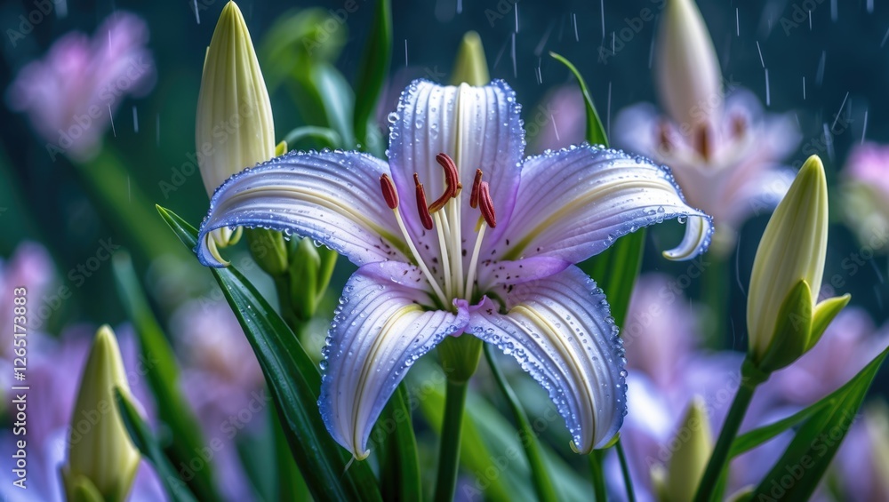 Aufkleber close-up of blooming white and purple lilies with dew drops in a garden setting with blurred backgro