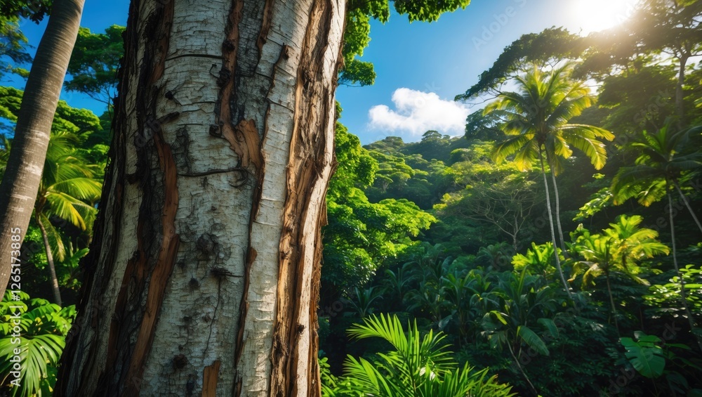Aufkleber Close-up of a tree trunk with texture in a lush tropical forest with palm trees and sunlight filtering through leaves Copy Space