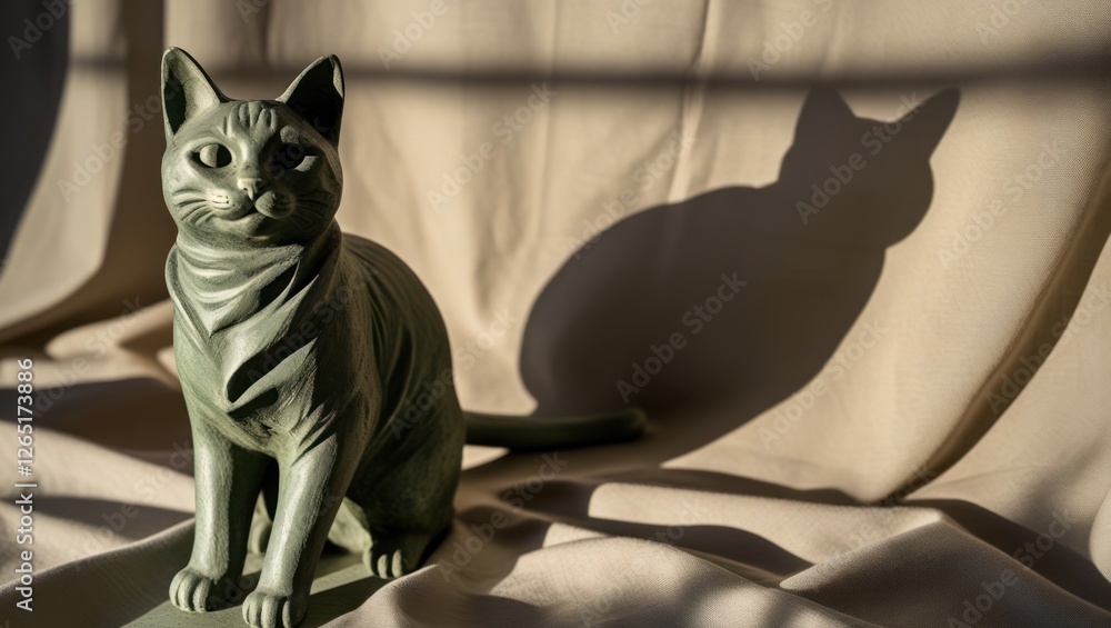Poster green ceramic cat figurine with soft sunlight casting a shadow on a beige fabric background. copy sp