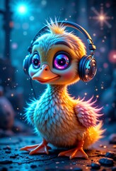 Adorable duckling in stylish headphones, enjoying music in the magical atmosphere of a night city filled with glowing lights and starlight