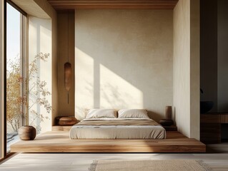 Minimalist bedroom with platform bed and natural light ambiance