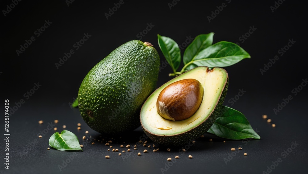Poster fresh avocados with one sliced half revealing seed and green flesh on dark background with scattered