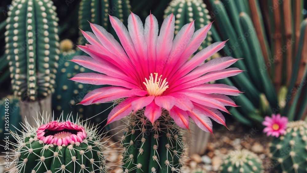 Aufkleber pink cactus flower blooming amidst various cacti types in a garden setting with natural background a