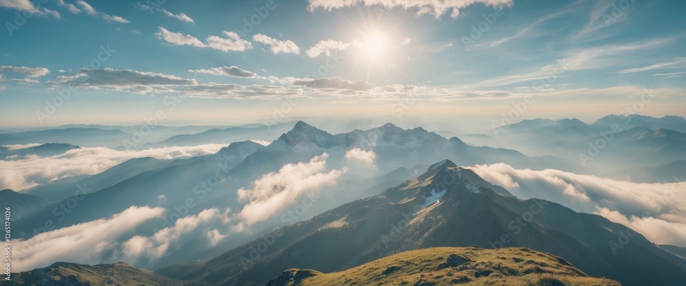 Poster panoramic mountain landscape under a clear sky with sun rays and clouds at dawn or dusk copy space