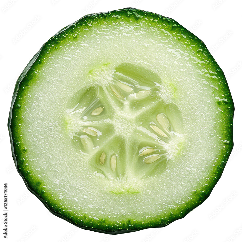 Poster close up of translucent green cucumber slice revealing seeds on transparent background