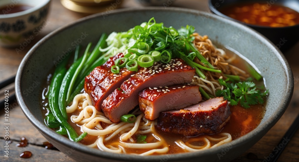 Poster delicious bowl of noodles topped with succulent roasted duck slices garnished with green onions and 
