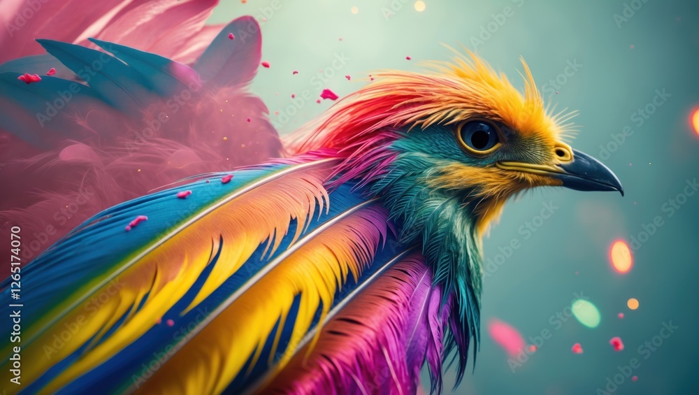 Poster Colorful bird with vibrant plumage and detailed feathers against a blurred background with soft bokeh effect and copy space.
