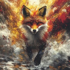 Fototapeta premium Fiery fox bursts through autumnal waves