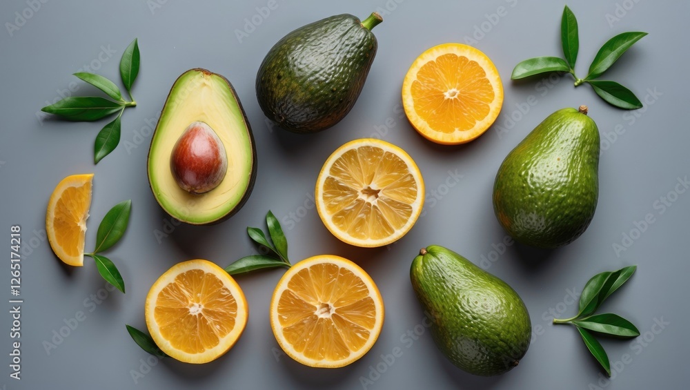 Poster fresh avocados and citrus fruits arranged on gray background with green leaves displaying vibrant co