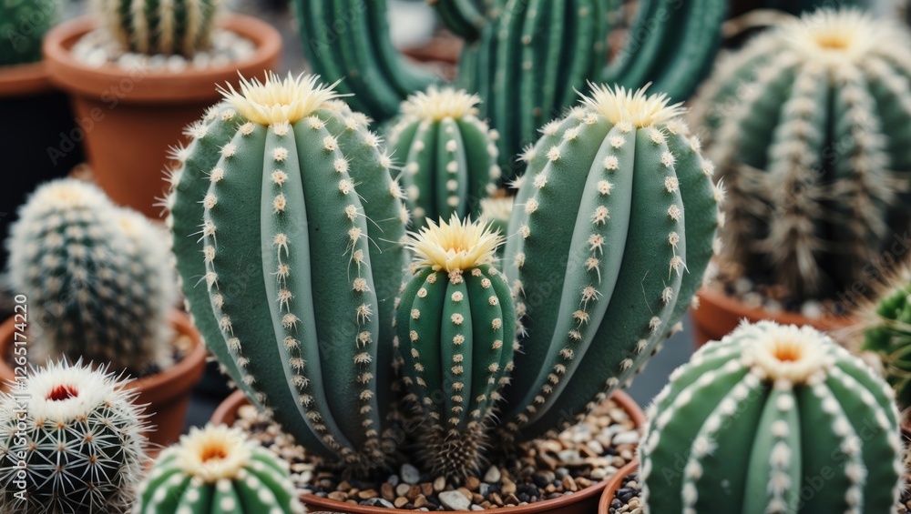 Poster cacti collection in pots featuring various species with spines and flowers natural background copy s