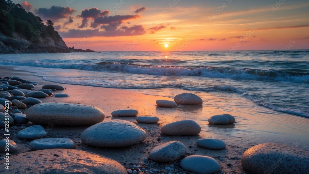 Leinwandbilder sunset over tranquil beach with smooth pebbles and gentle waves, soft colors reflecting in water, co
