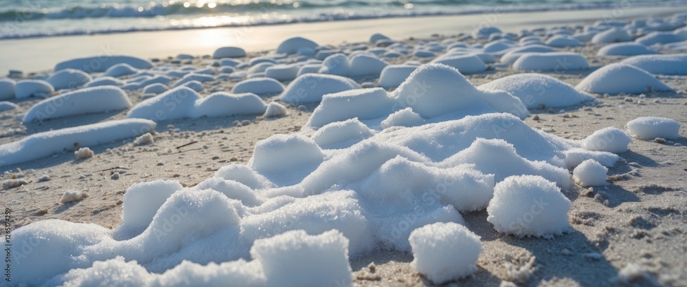 Poster windblown sand dunes and foam formations on a beach at sunset with gentle waves in the background co