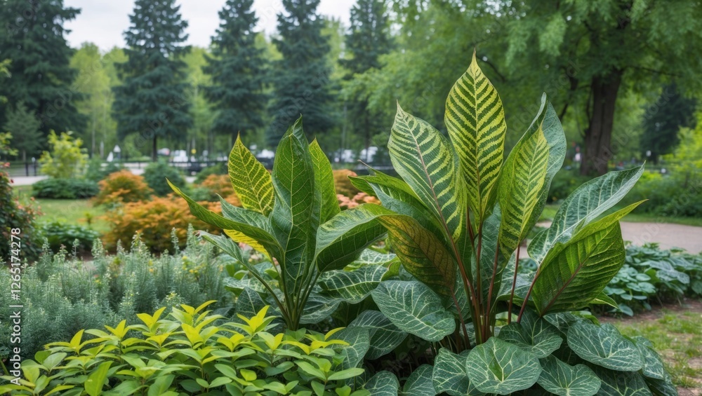 Poster lush green foliage in a park setting featuring various plant species and trees in the background wit
