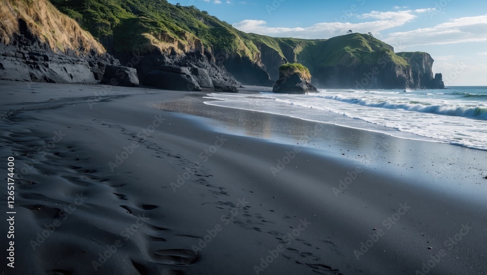 Poster scenic view of black sand beach with rocky cliffs and gentle waves under a clear sky in daytime copy