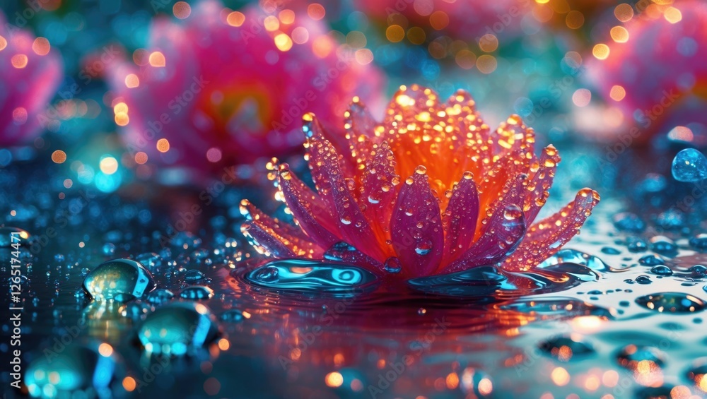 Poster colorful water lily with dewdrops on surface against a blurred background of glowing flowers copy sp