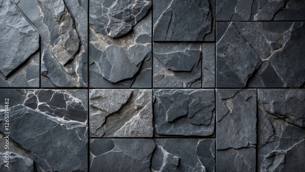 Aufkleber Textured dark grey slate stone wall tiles pattern with natural variations and cracks for background or surface design. Copy Space