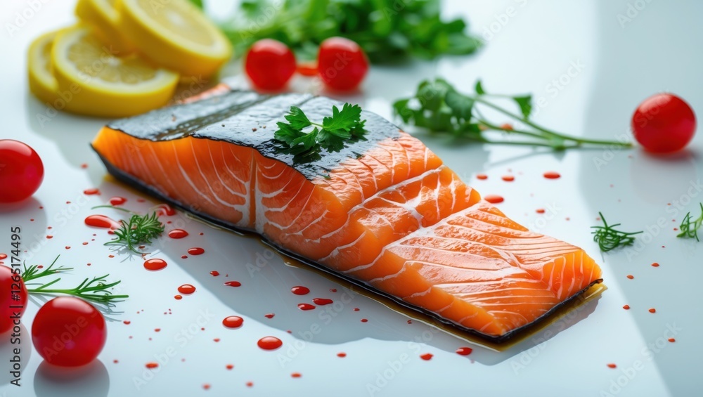Poster raw salmon fillet garnished with fresh herbs cherry tomatoes and lemon slices on a white background 