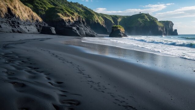 Scenic view of black sand beach with rocky cliffs and gentle waves under a clear sky in daytime Copy Space