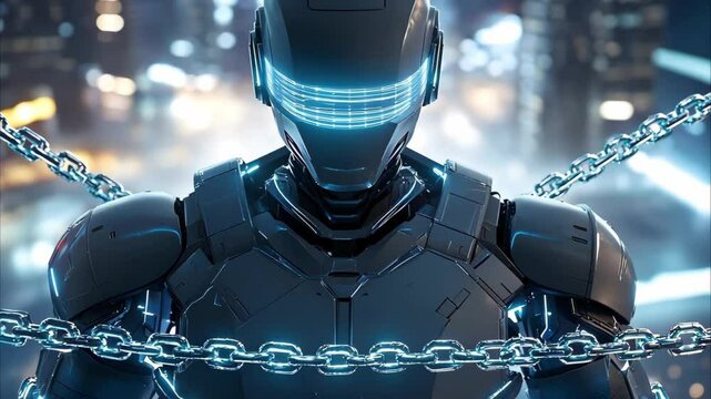 A futuristic robot with a sleek design and glowing blue accents, appearing to be restrained by chains in a city setting.