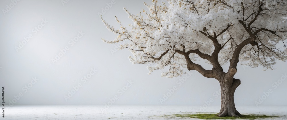 Aufkleber Blossoming tree with white flowers on a minimalist background with green grass and copy space for text placement