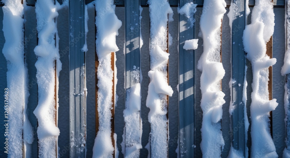 Poster snow-covered metal fence with patterns of snow drips and sunlight shadows on vertical slats winter s