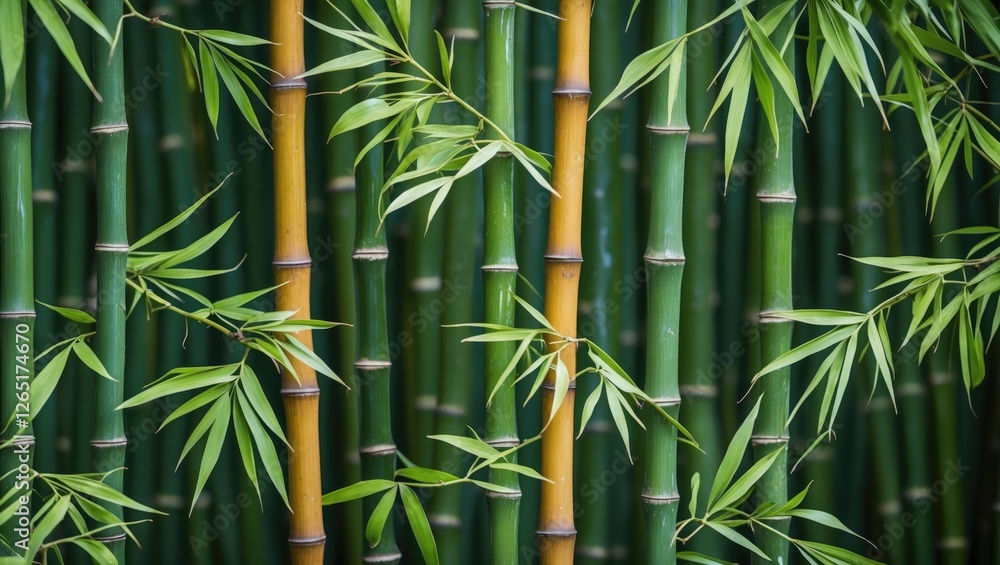 Poster bamboo stalks with lush green leaves displaying varying shades of green and yellow against a dark ba