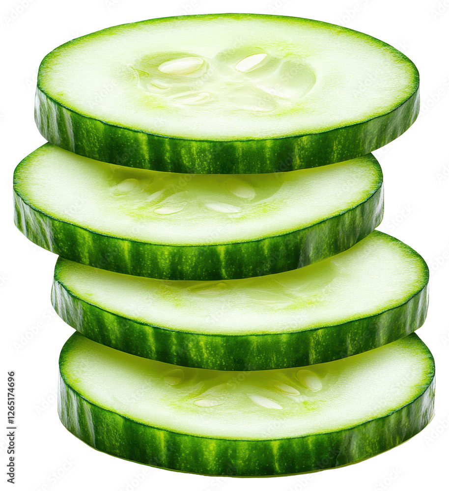 Poster close up stack of fresh green cucumber slices on transparent background