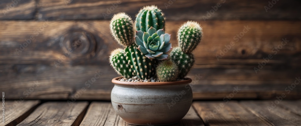 Poster Cactus arrangement in a clay pot on wooden surface with rustic background and copy space for text