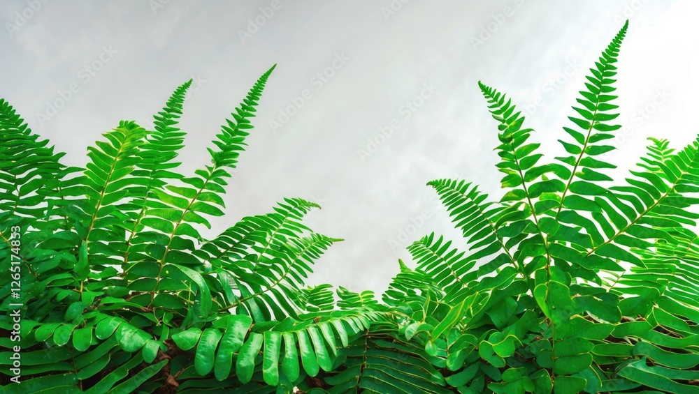 Poster Lush green ferns against a light sky background with ample copy space for text placement