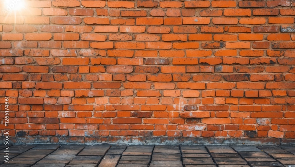 Poster red brick wall with textured surface and wooden floor in foreground illuminated by sunlight copy spa
