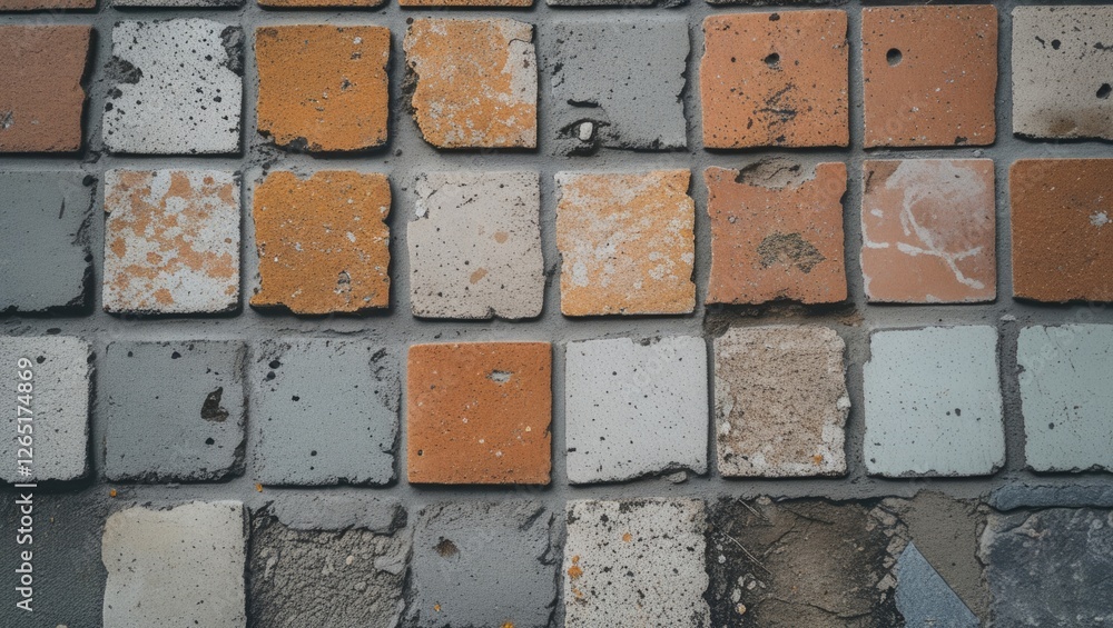 Poster Textured mosaic tiles in various colors and patterns arranged on a surface showing wear and tear with copy space for text