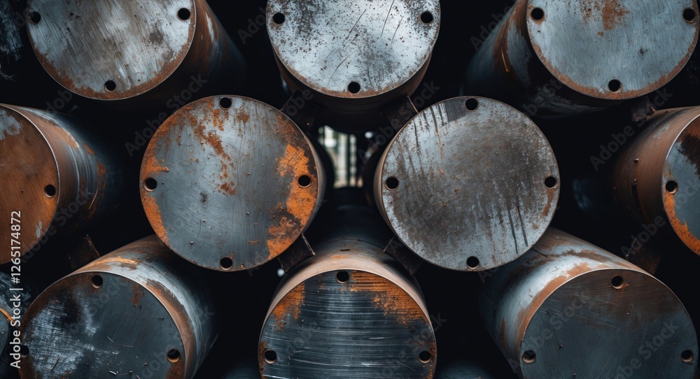 Poster Stacked industrial metal drums with rust and scratches, showing a close-up view of the circular ends and textures, suitable for background use.