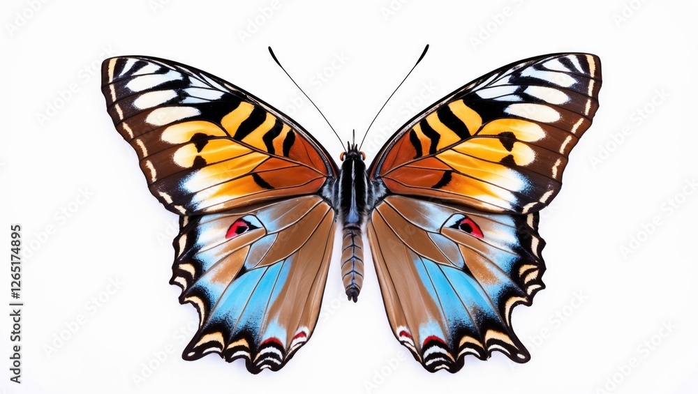 Poster vibrantly colored butterfly specimen with intricate wing patterns on a white background copy space