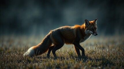 A red fox, Vulpes vulpes, a wild mammal with vibrant red fur, stands isolated on a white background