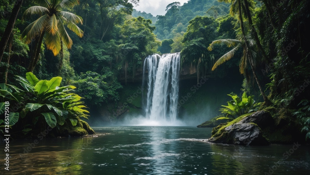 Aufkleber lush tropical rainforest with waterfall cascading into serene pool surrounded by vibrant greenery an