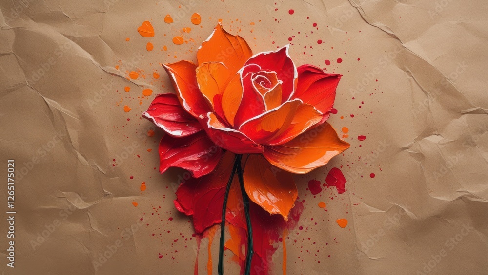 Poster vibrant red and orange rose flower painting on textured craft paper background with artistic splashe