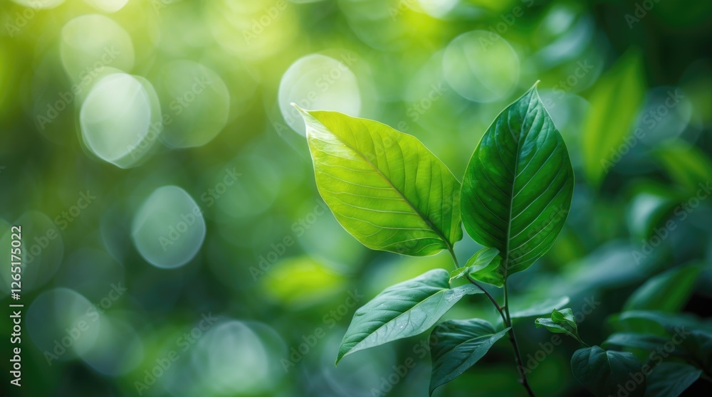 Poster close-up of green leaves with a blurred natural background and bokeh effect, ideal for nature-themed