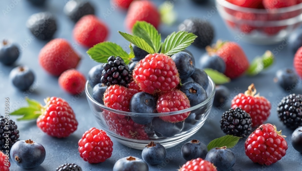 Poster fresh mixed berries including raspberries, blueberries, and blackberries displayed in a glass bowl o