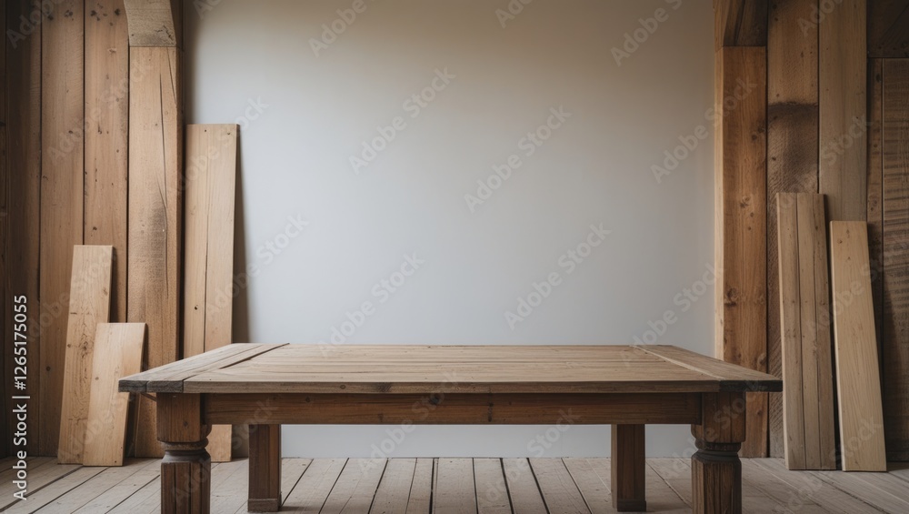 Poster wooden table in a rustic interior setting with unfinished wooden planks on the wall and floor with n