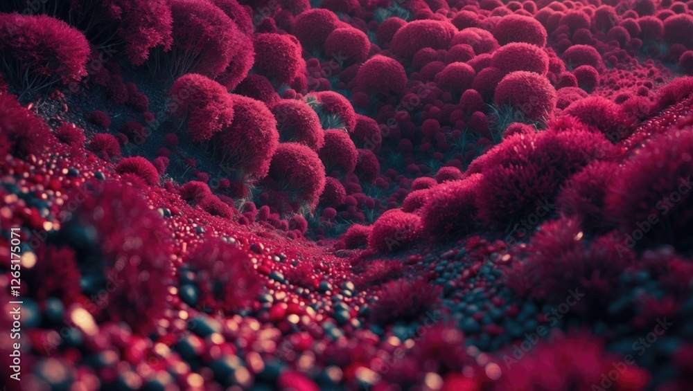 Aufkleber Abstract landscape with vibrant red and pink spherical formations in a textured environment featuring depth and dimension Copy Space