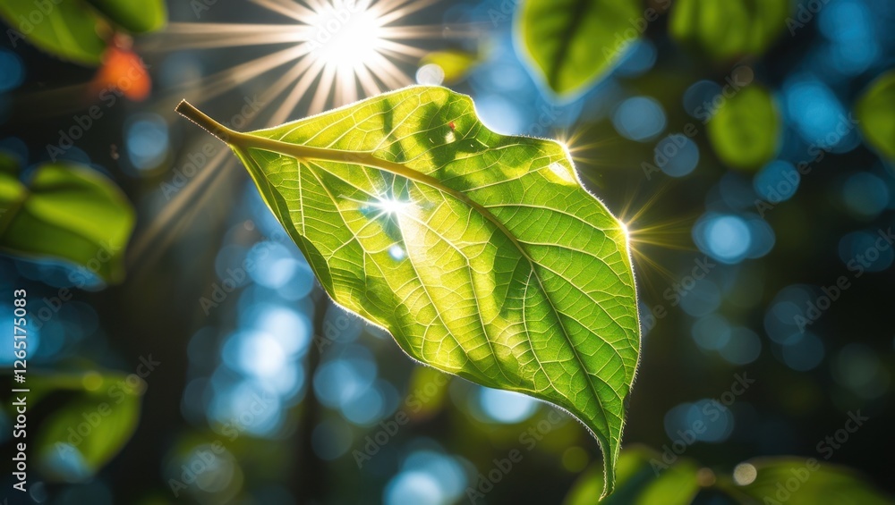 Poster bright green leaf illuminated by sunlight with bokeh background and lens flare effects natural envir