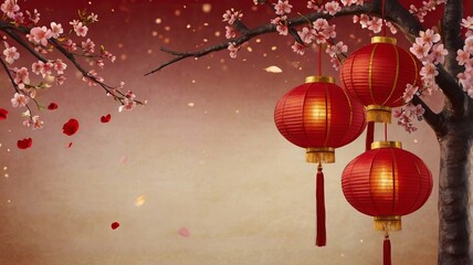 Silk Red Lanterns on Textured Red Background